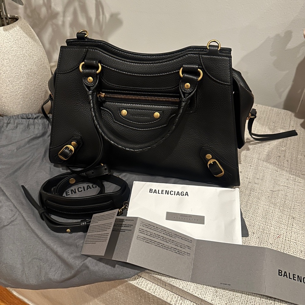 Balenciaga Neo Classic Medium Handbag (Black Pebbled Leather w Gold Hardware)